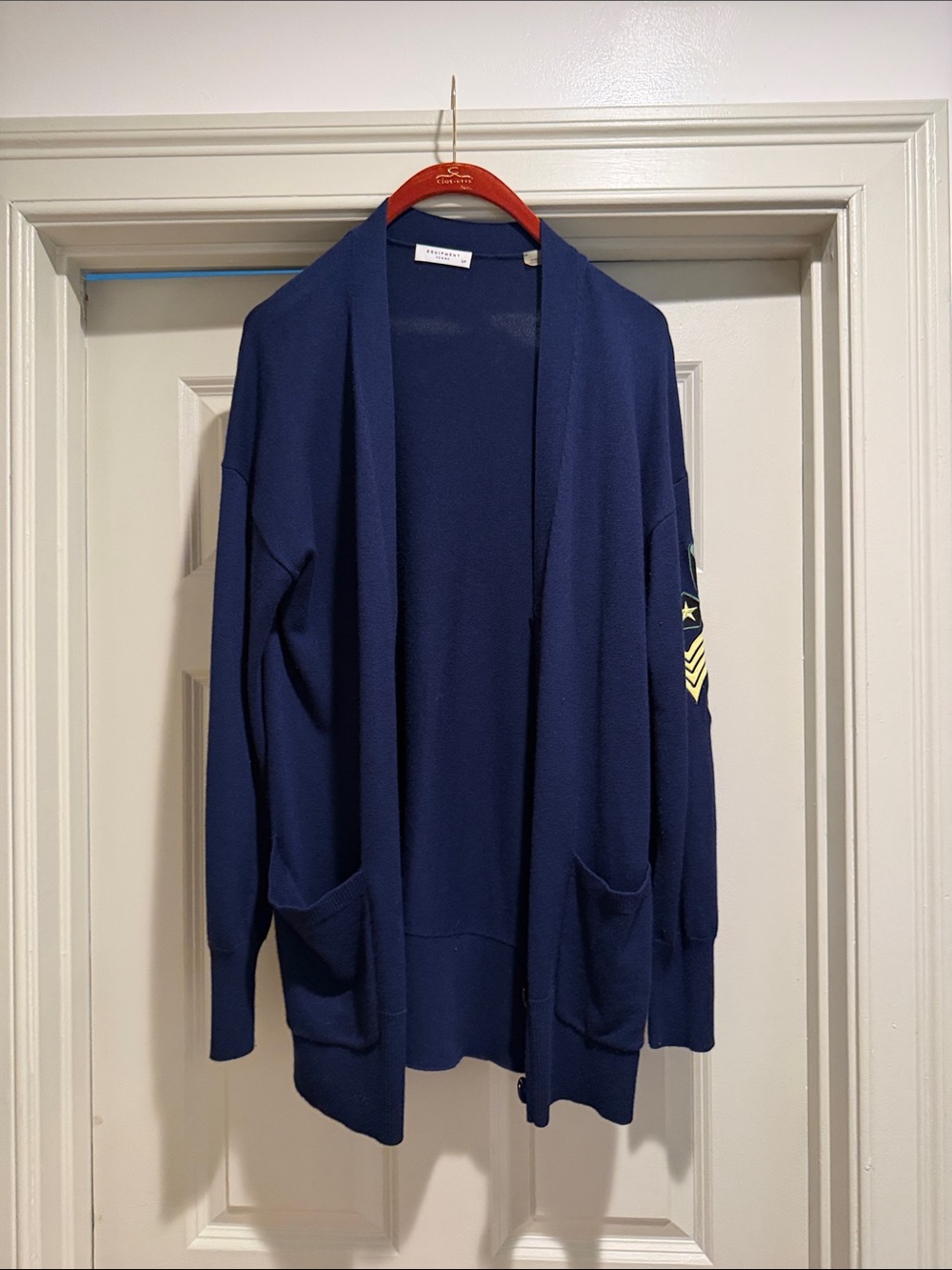 Equipment Navy Open-Front Cardigan with Sleeve Patch